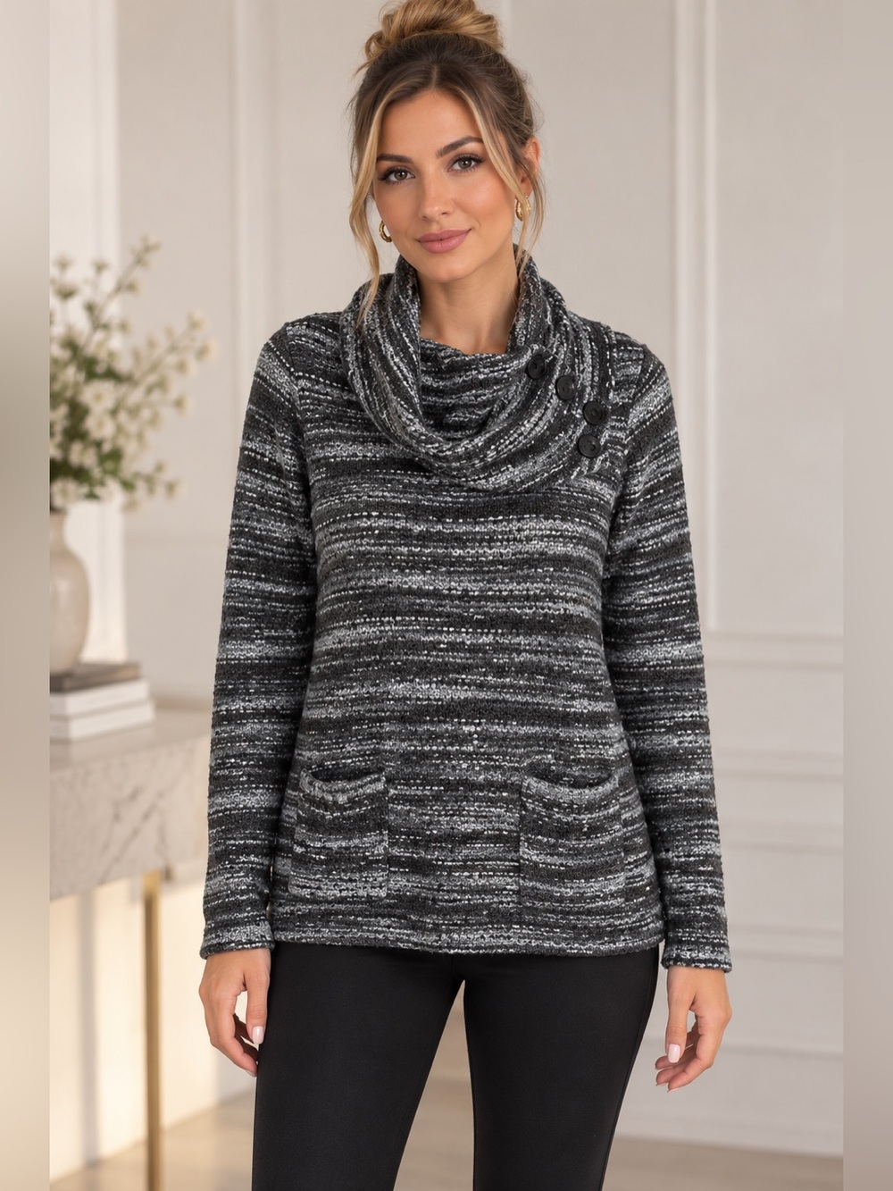 G.H. Bass & Co. Women’s Cozy Striped Cowl Neck Sweater Size Medium Gray